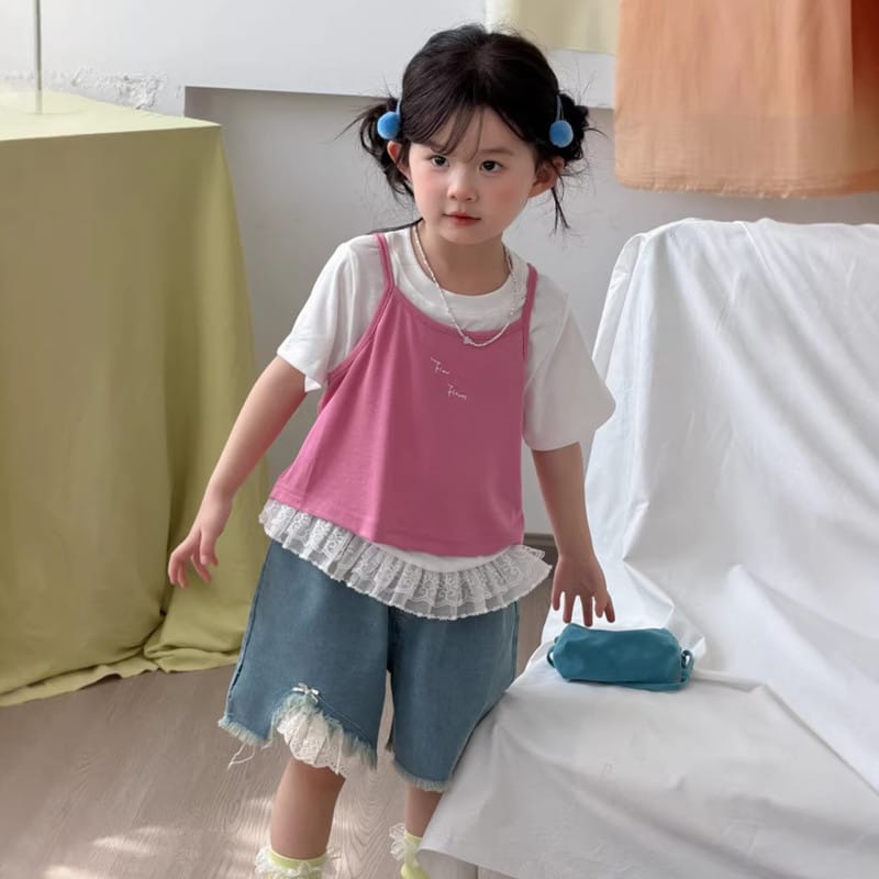 裾レースフリル半袖Tシャツビスチェセット