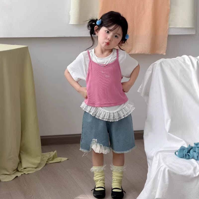 【KID】裾レースフリンジデニムショートパンツ