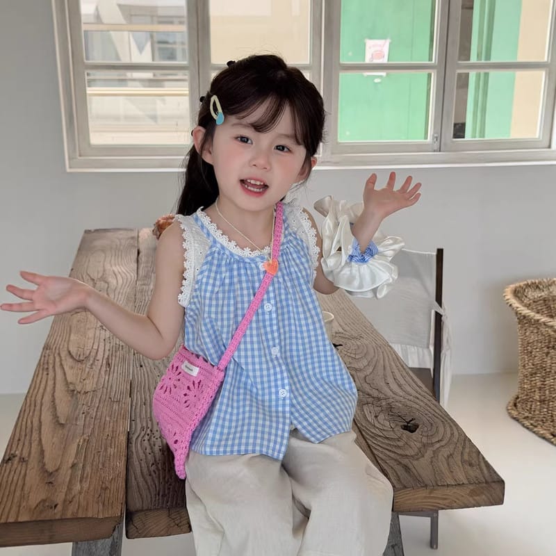 【KID】チェックレースフリルノースリーブブラウス