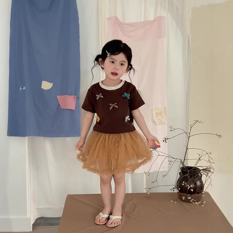 【KID】カラフルリボンフリルネック半袖Tシャツ