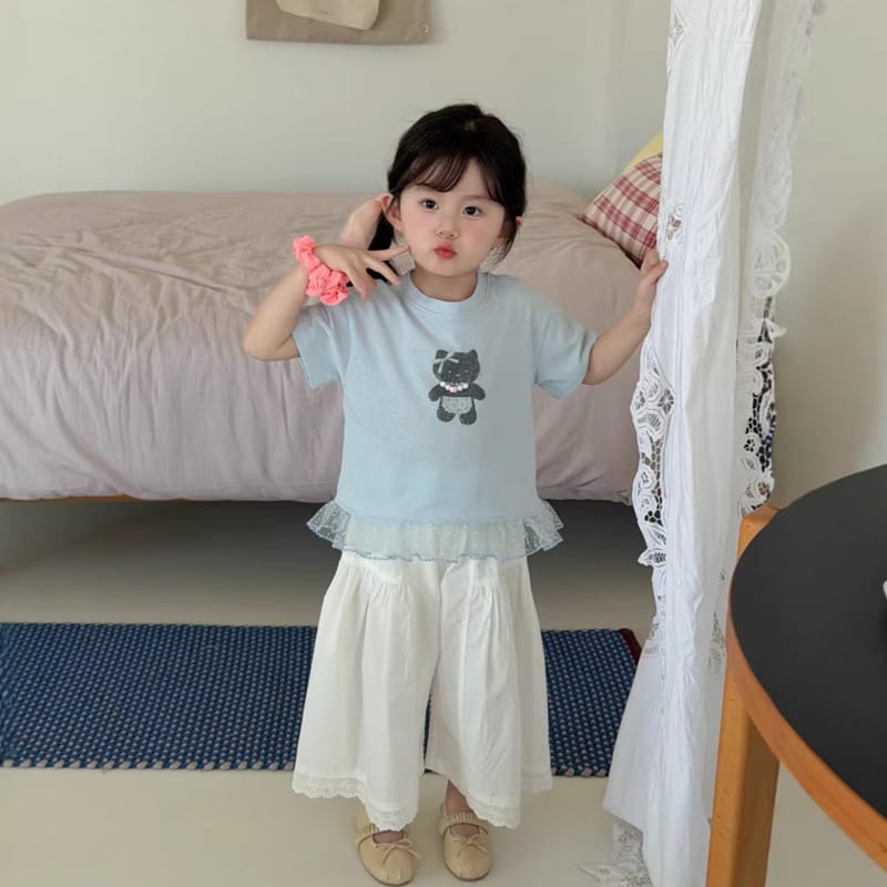 【KID】キャットプリント裾チュール半袖Tシャツ