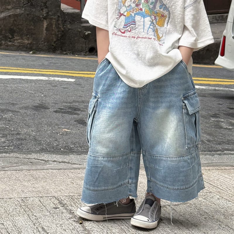 【KID】サイドポケットワイドデニムカーゴパンツ
