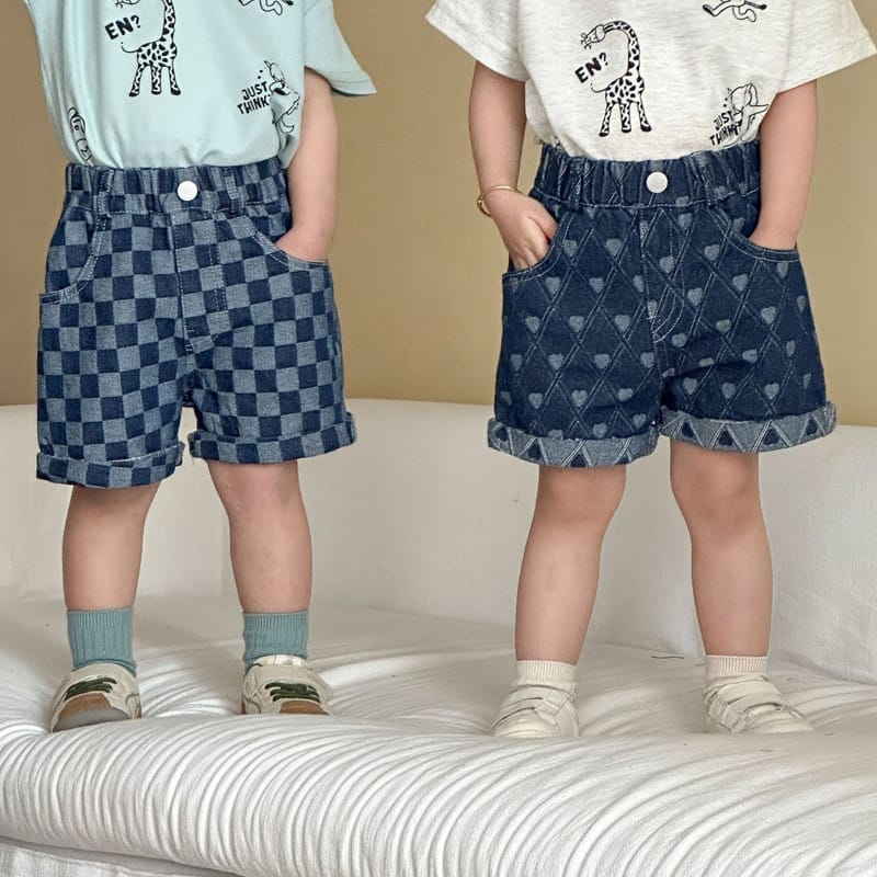 【KID】チェックハートデザインデニムハーフパンツ