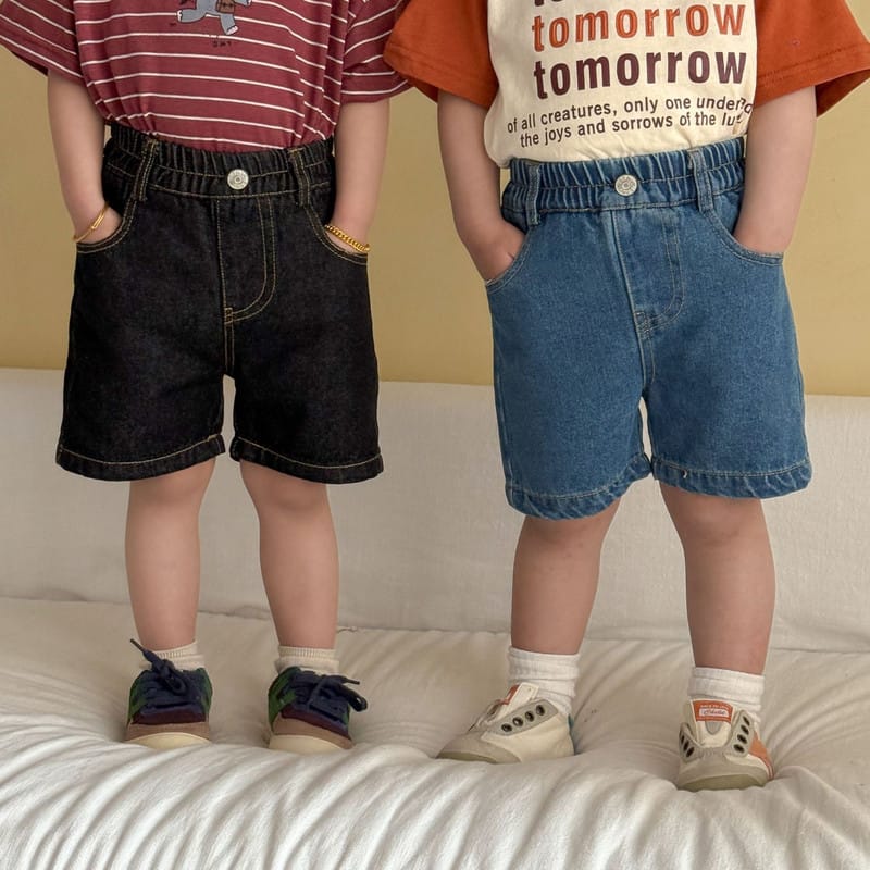 【KID】ウォッシュ加工ウエストゴムデニムハーフパンツ