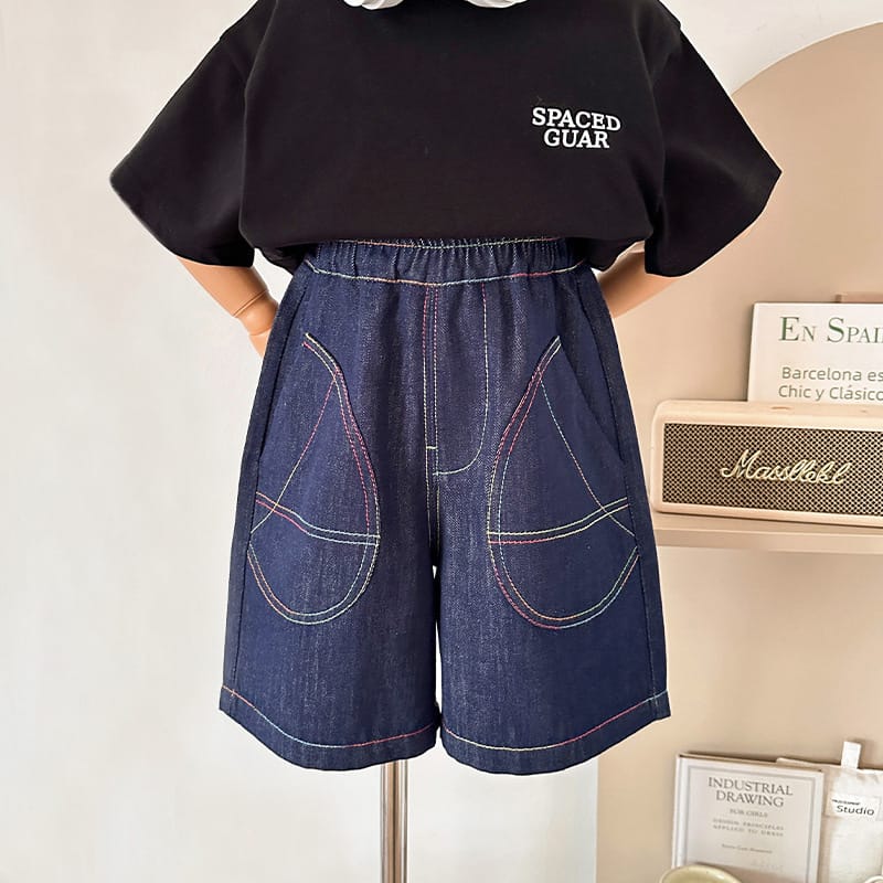 【KID】レインボーステッチデニムハーフパンツ