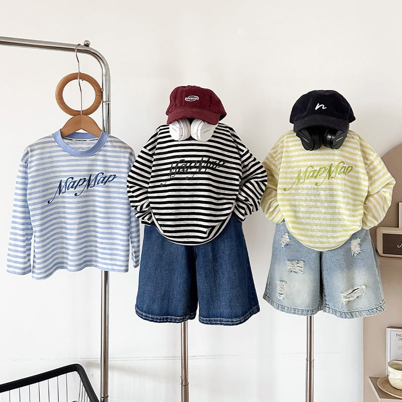 【KID】英字ロゴプリントストライプ長袖Tシャツ