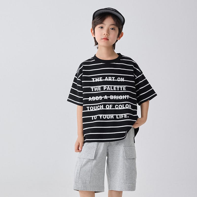 【KID】ストライプ英字ロゴプリント半袖Tシャツ