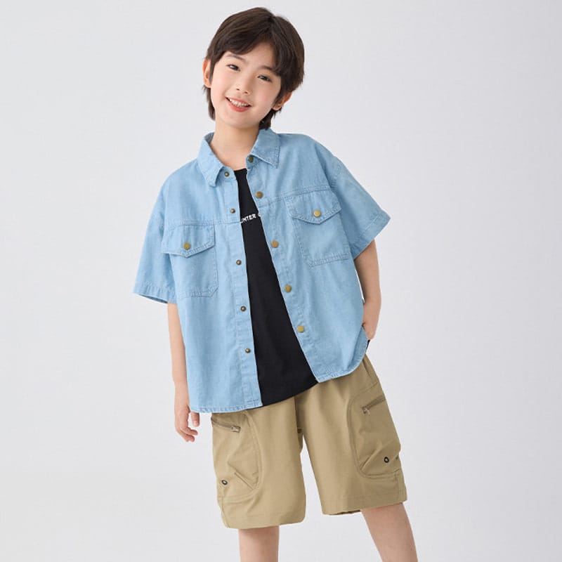 【KID】カジュアルウォッシュ半袖デニムシャツ