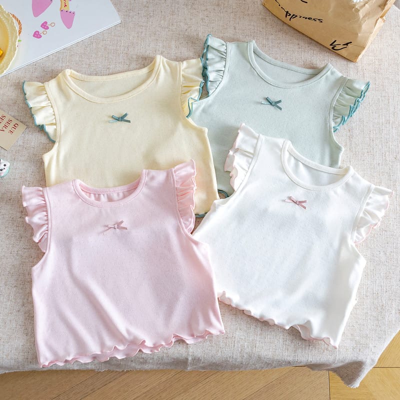 【KID】フロントリボンフリルスリーブノースリーブTシャツ