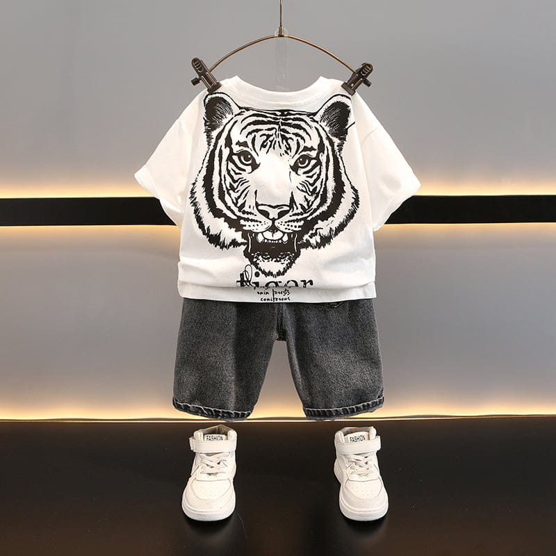 【セット】タイガープリント半袖Tシャツデニムパンツセットアップ