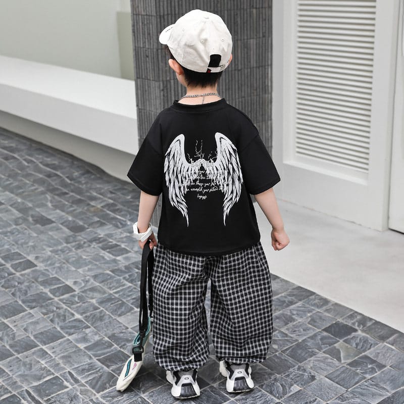 【セット】ウィングプリント半袖Tシャツチェックパンツセットアップ