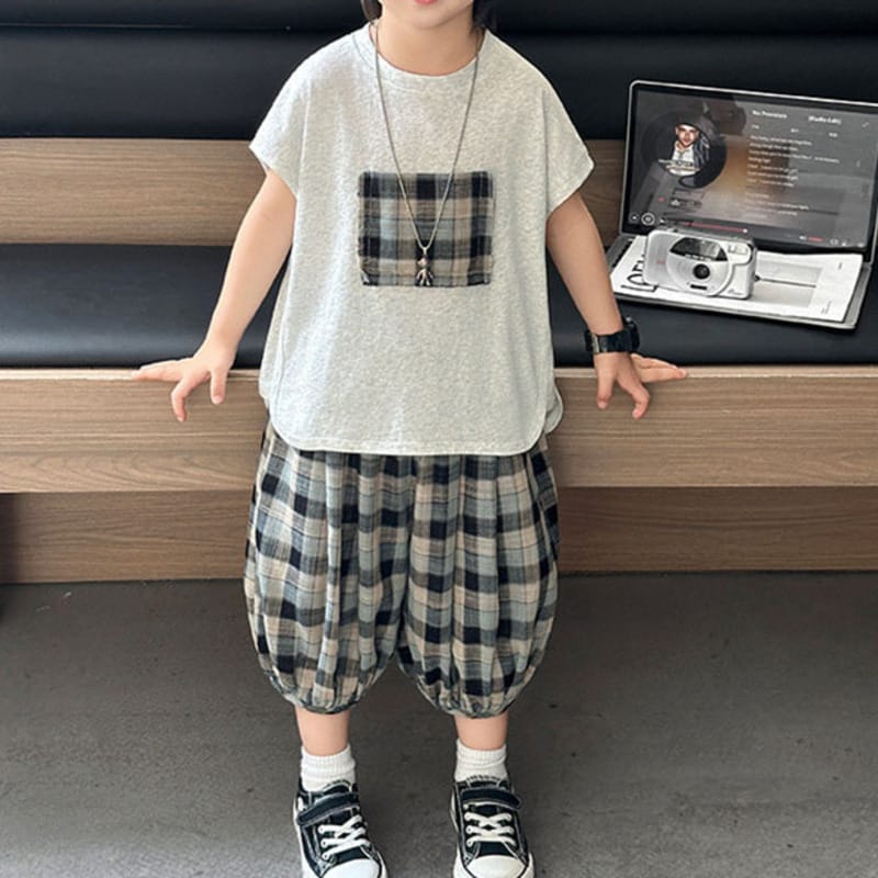 【セット】チェックポケット半袖Tシャツチェックパンツセットアップ
