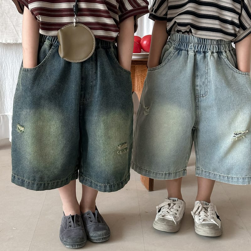 ヴィンテージ風ダメージワイドデニムハーフパンツ