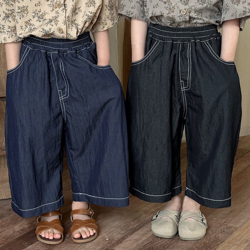 【KID】配色ステッチデザインワイドデニムパンツ