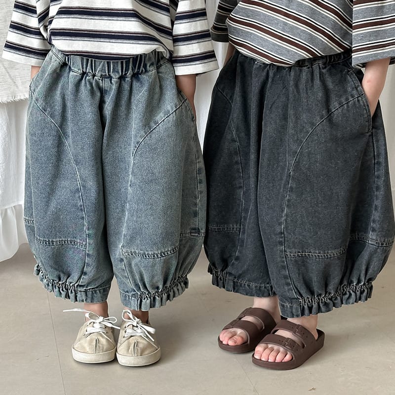 【KID】ウォッシュ加工ゆったりバルーン7分丈デニムパンツ