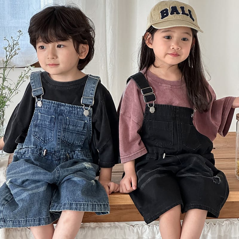 ウォッシュ加工デニムサロペット七分丈パンツ