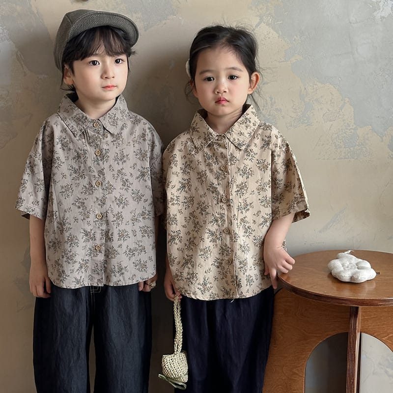 【KID】レトロ小花柄コットンリネン半袖シャツ