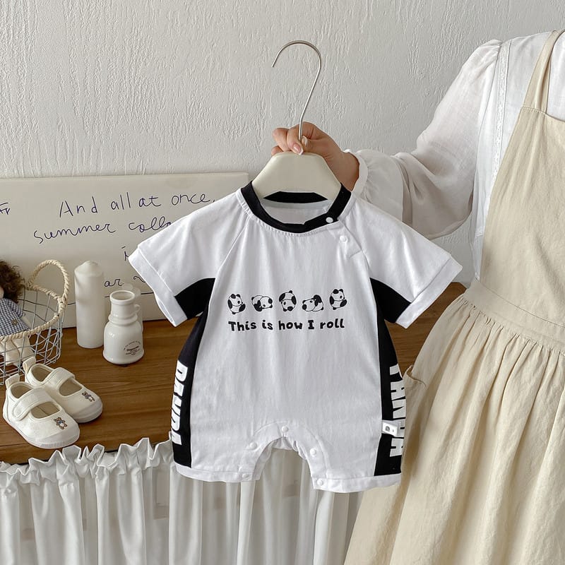 【BABY】パンダロールプリント配色半袖ロンパース