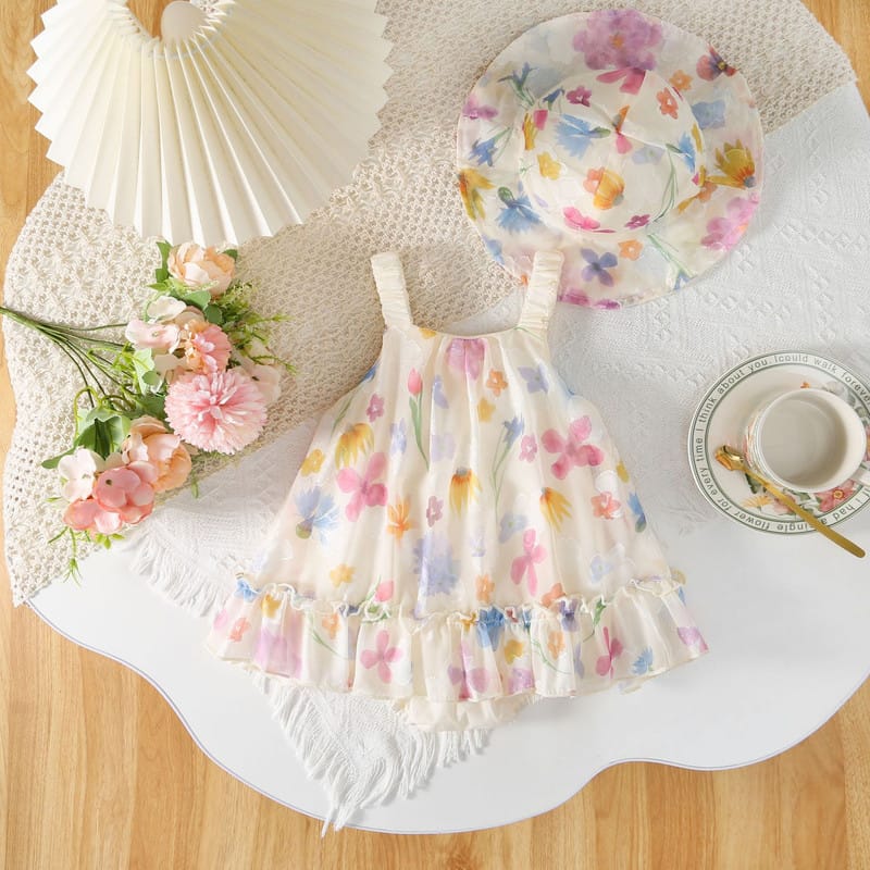 【姉妹服】フラワーシフォンワンピースロンパース帽子セット
