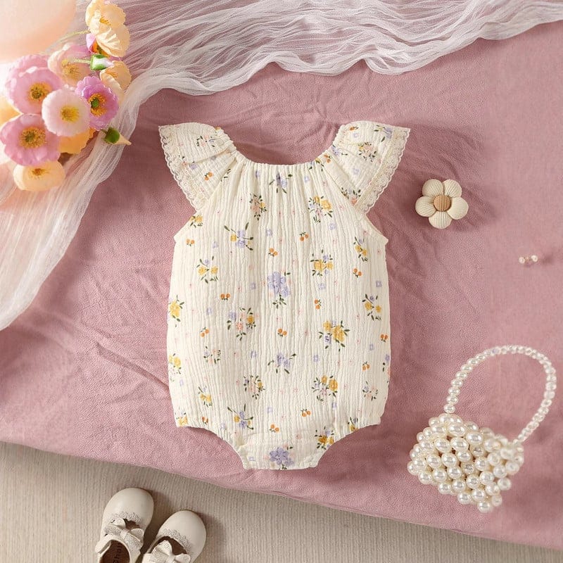 【BABY】小花柄フリルノースリーブロンパース