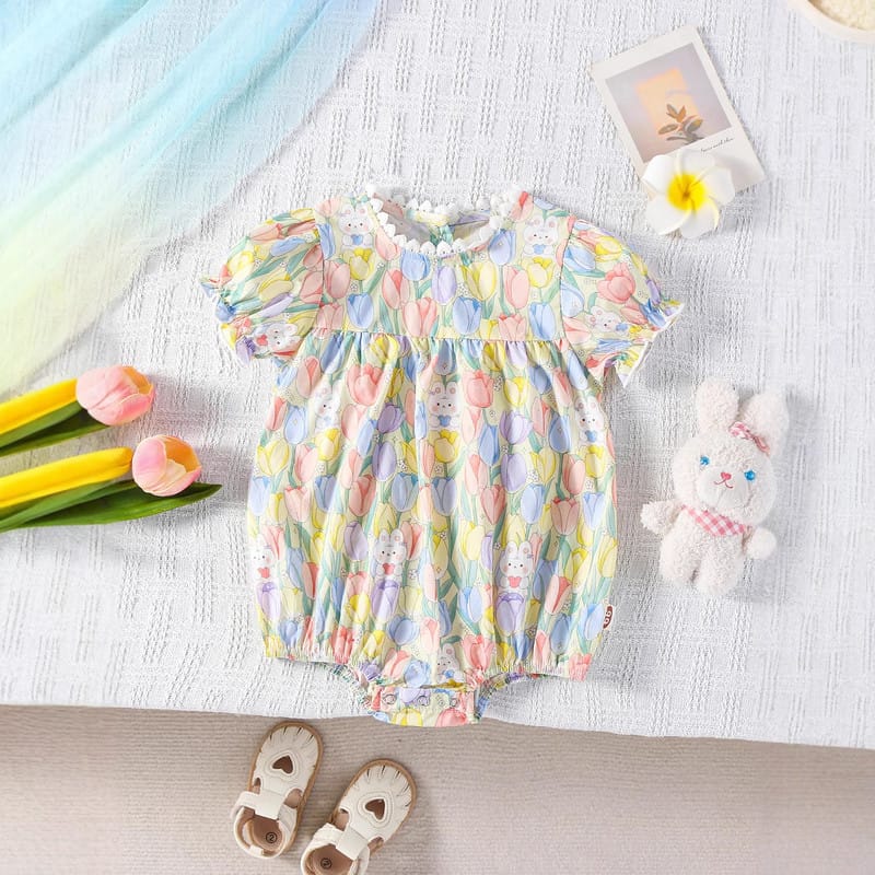 【BABY】チューリップうさぎ柄フリル半袖ロンパース
