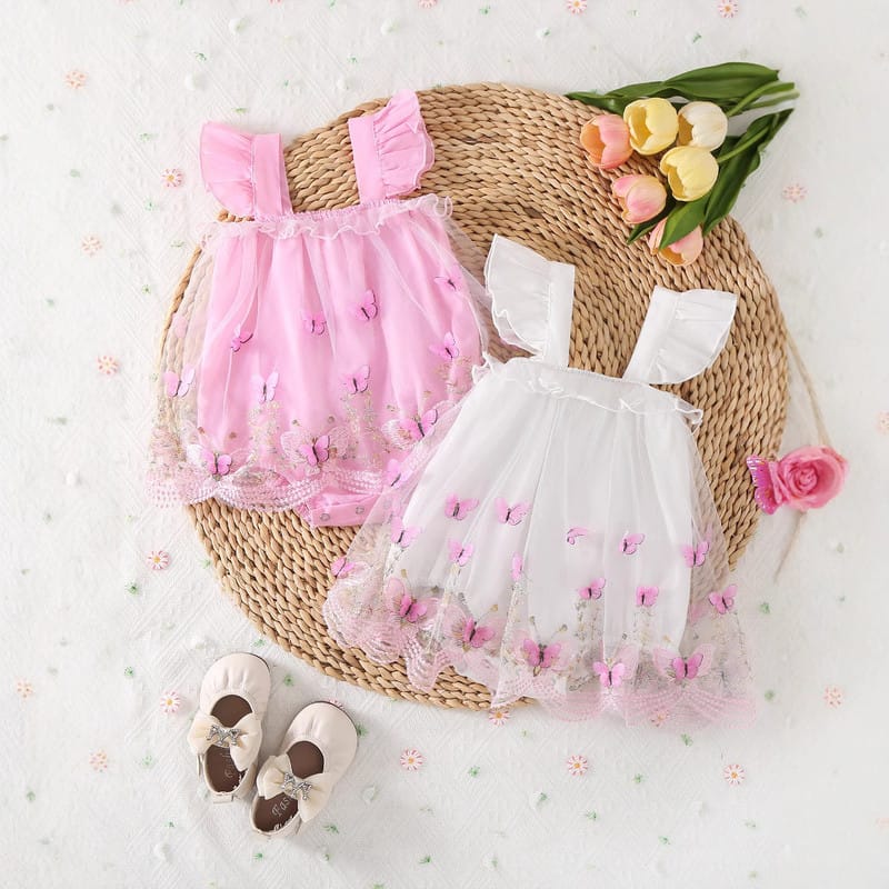 【BABY】バタフライ刺繍チュールフリルロンパース