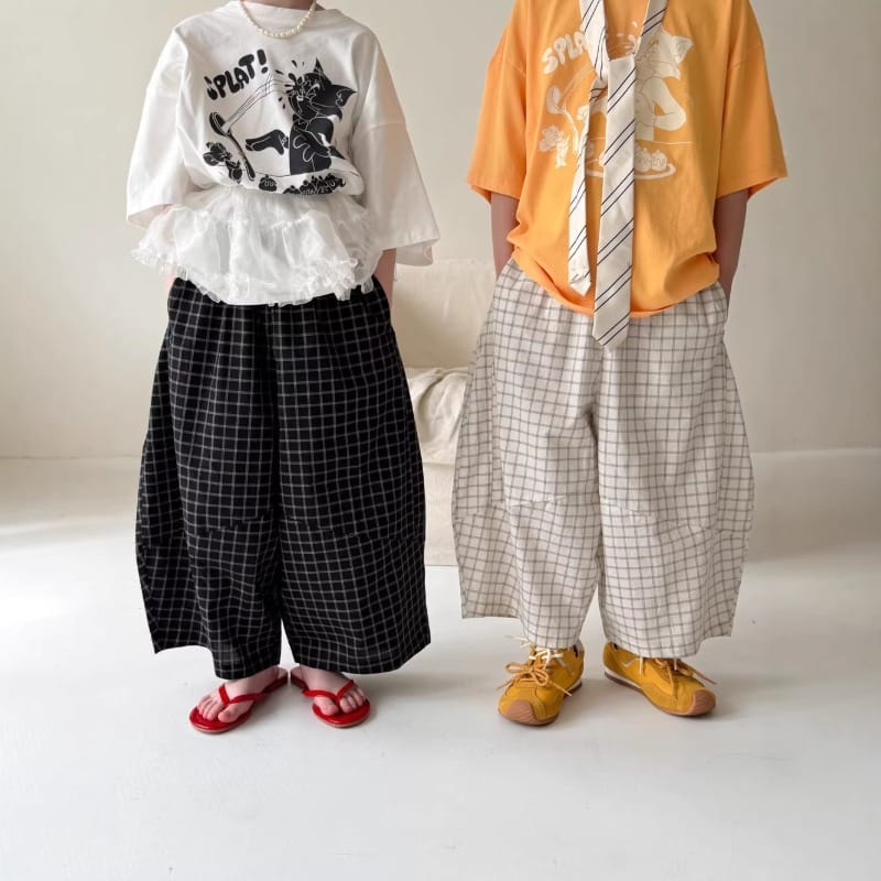 【KID】タイルチェックゆったりワイドカジュアルパンツ