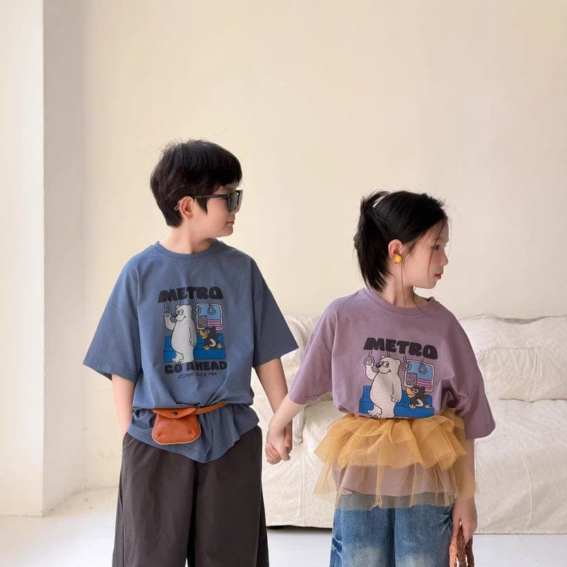 トレインくまプリントクルーネック半袖Tシャツ