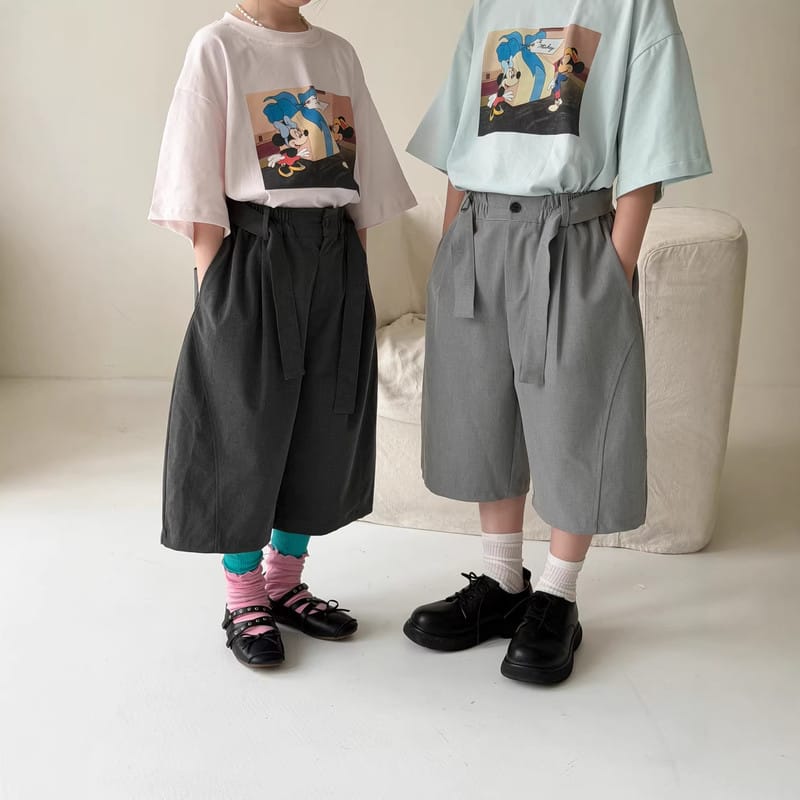 【KID】無地七分丈ワイドタックカジュアルパンツ