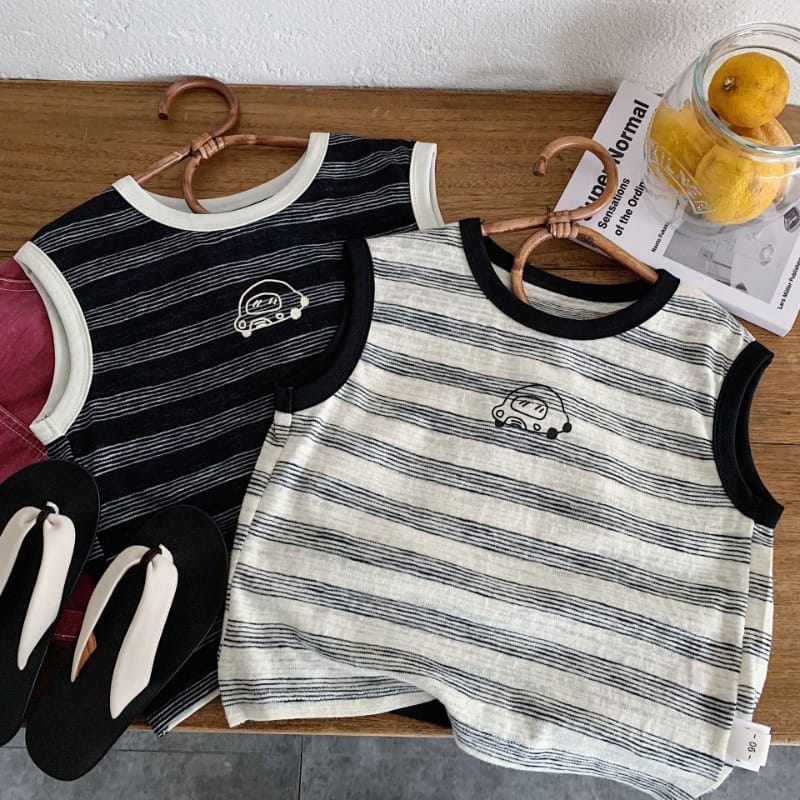 【KID】くるまモチーフストライプノースリーブTシャツ