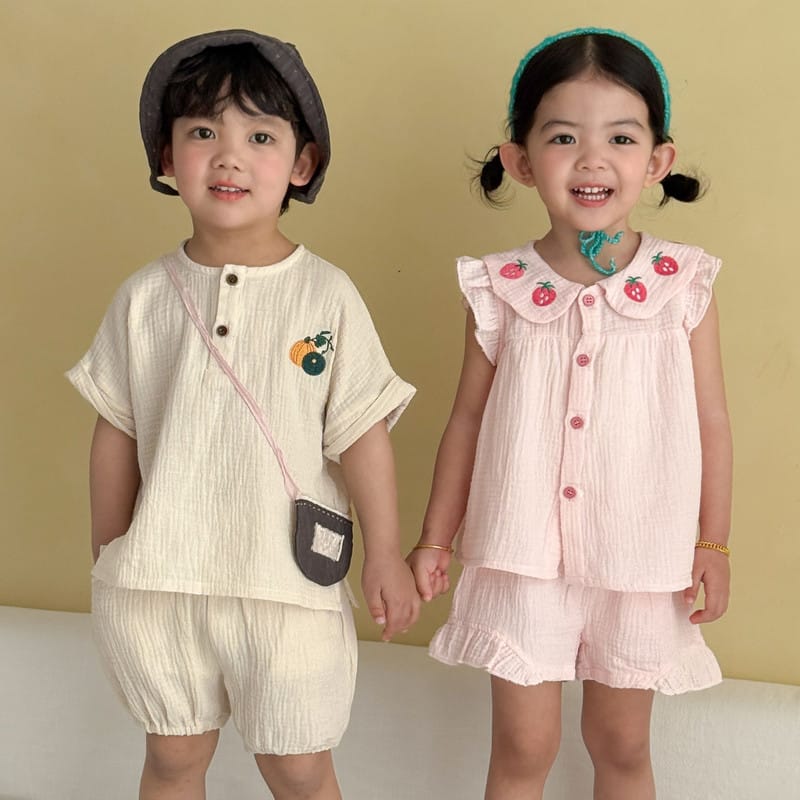 【セット】フルーツ刺繍ガーゼ半袖ハーフパンツセットアップ