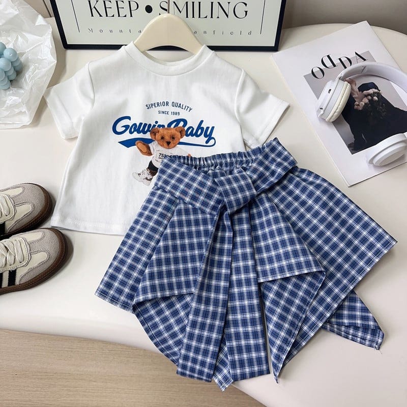 くまプリント半袖Tシャツチェックスカートセットアップ