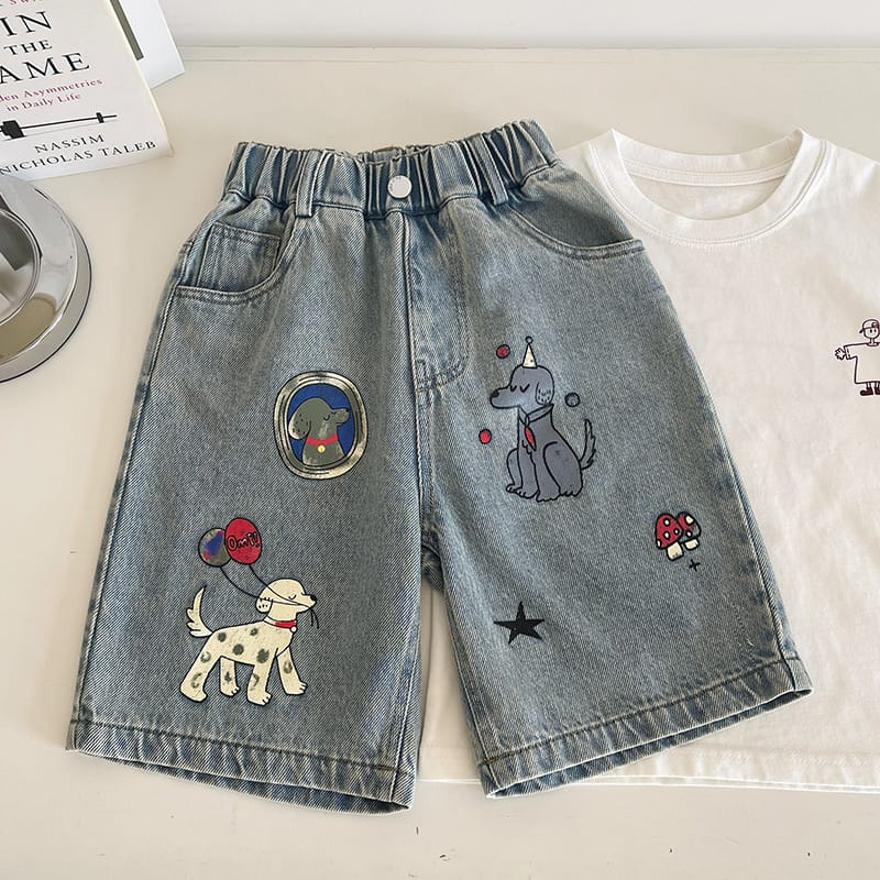 【KID】ドッグプリントウォッシュデニムハーフパンツ