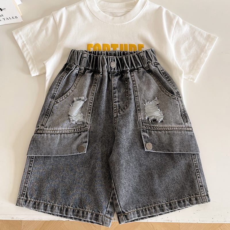 【KID】ヴィンテージ風ダメージブラックデニムハーフパンツ