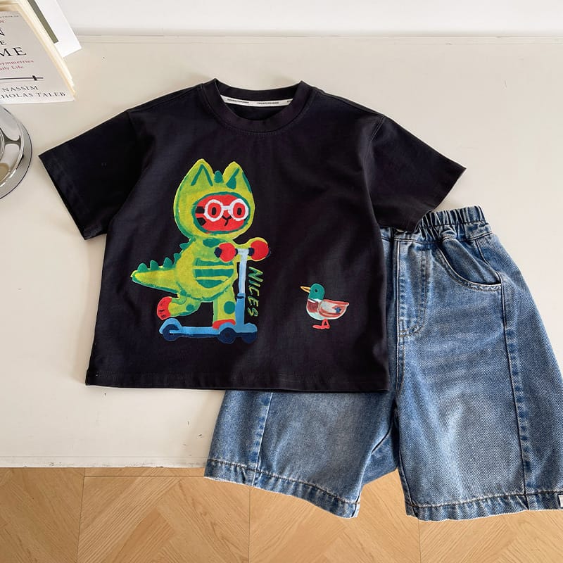 【KID】ファイヤーフェイス恐竜キャット半袖Tシャツ
