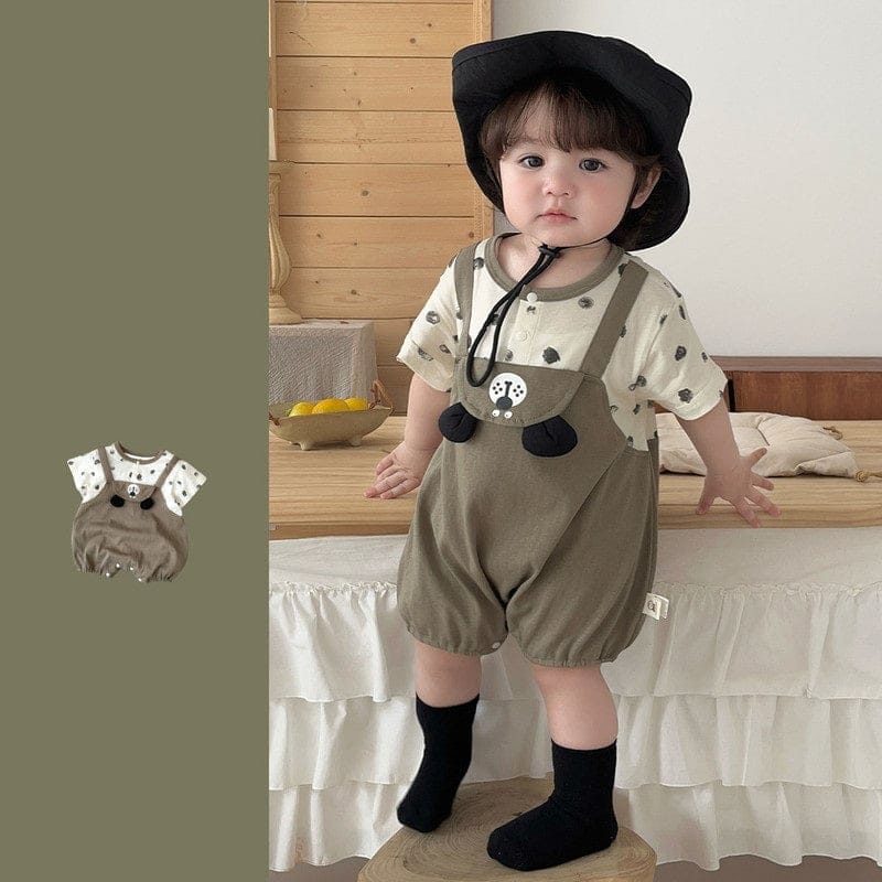 【BABY】くまモチーフフェイクレイヤード半袖ロンパース