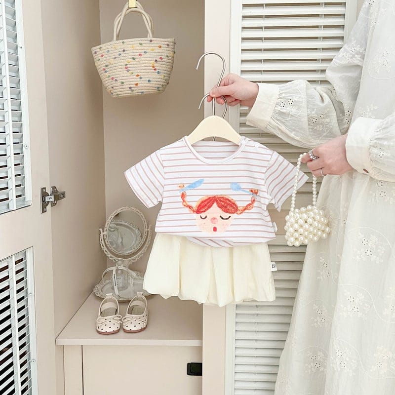 【BABY】スプーンガールプリントストライプ半袖Tシャツ