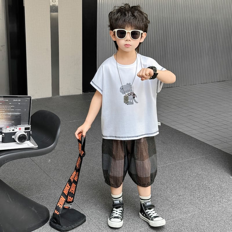 【セット】恐竜プリント半袖Tシャツチェックパンツセットアップ
