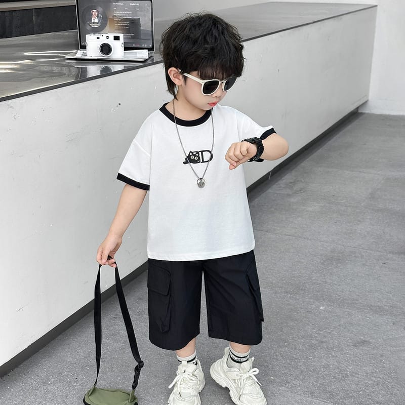 【セット】キャットプリント配色半袖Tシャツハーフパンツセットアップ
