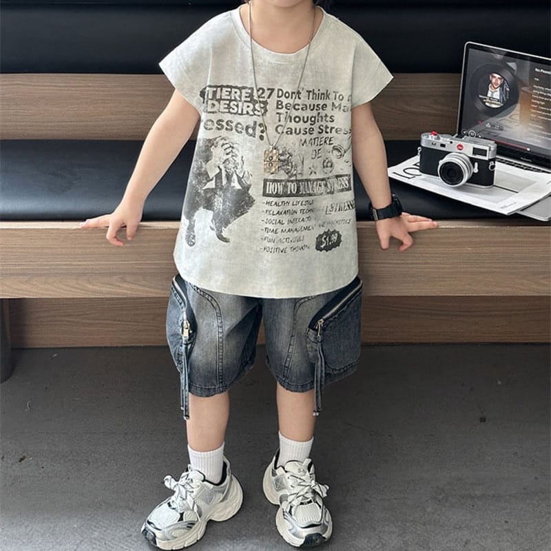 【セット】英字プリント半袖Tシャツデニムハーフパンツセットアップ