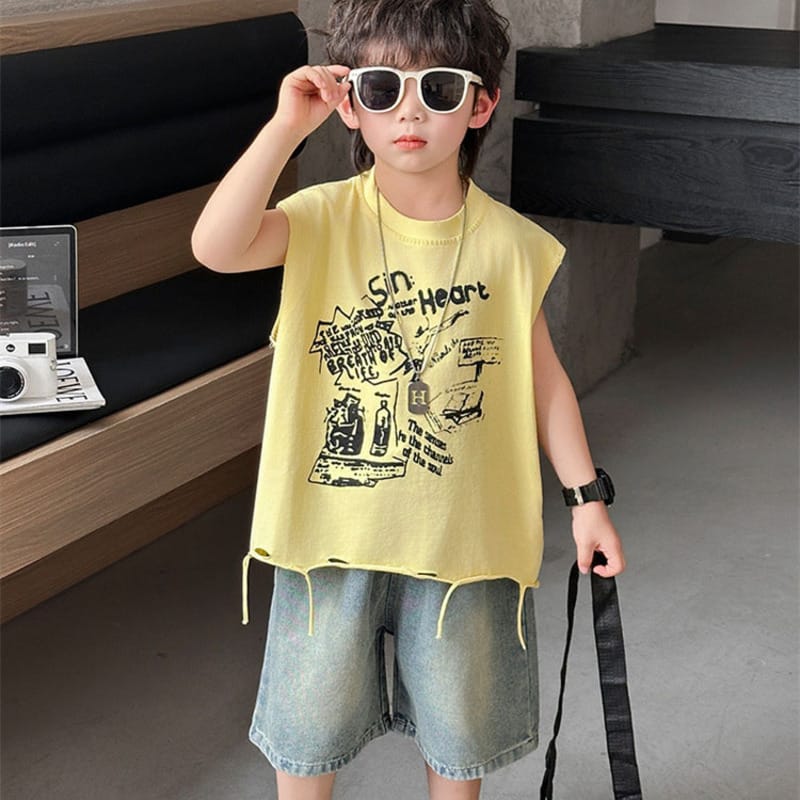 【セット】英字プリントノースリーブTシャツデニムパンツセットアップ