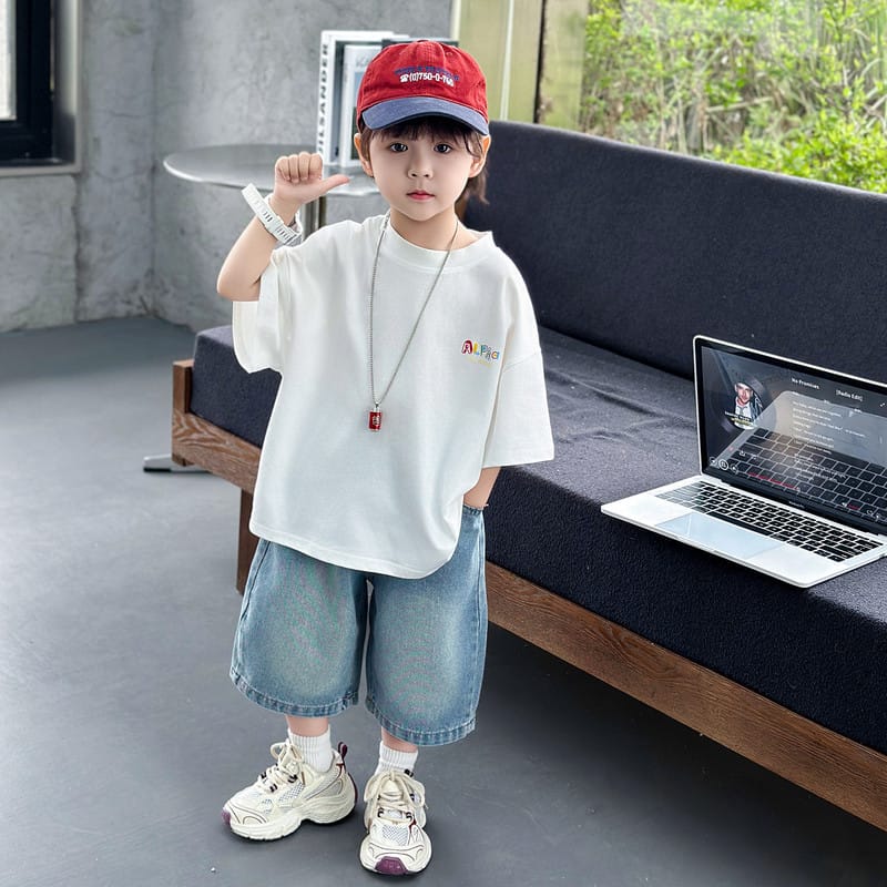 ボーイズロゴ半袖Tシャツデニムハーフパンツセットアップ