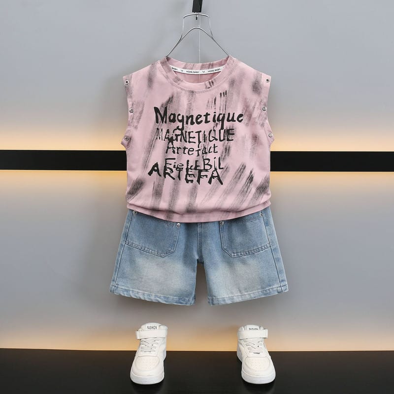 【セット】インクプリントノースリーブTシャツデニムセットアップ