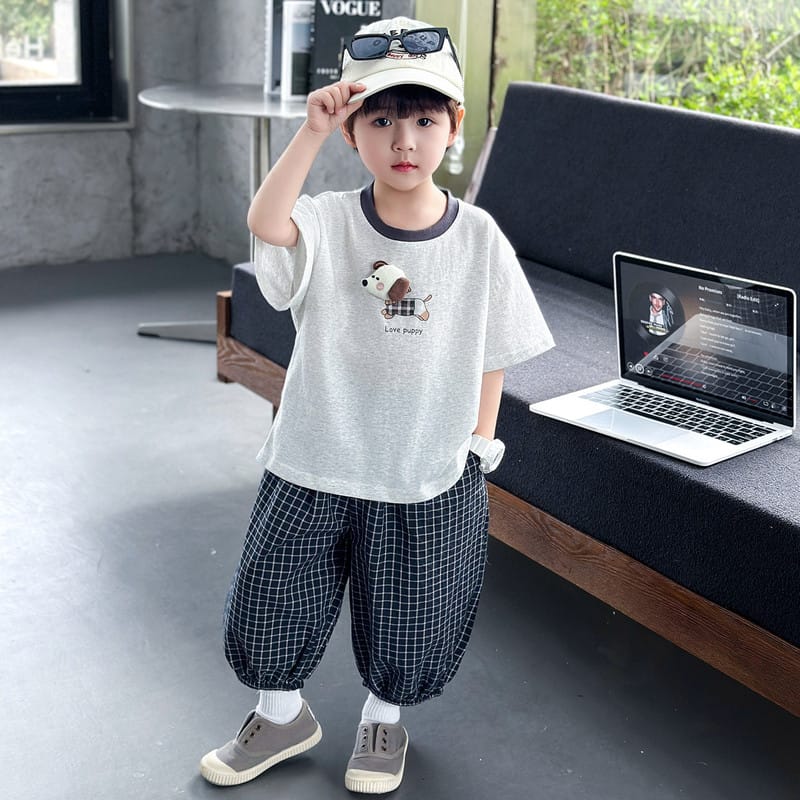 【セット】ドッグ半袖Tシャツチェックパンツセットアップ