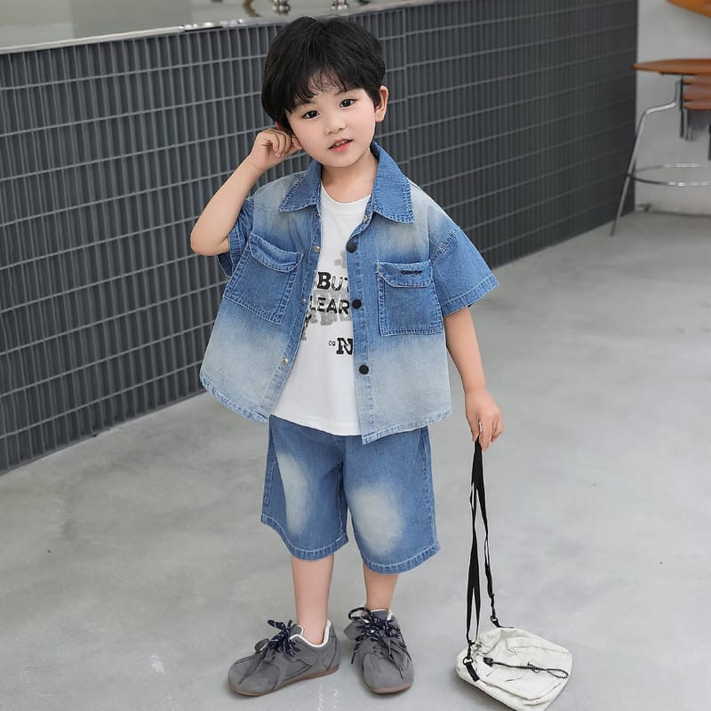 【セット】デニムシャツTシャツハーフパンツ3点セットアップ