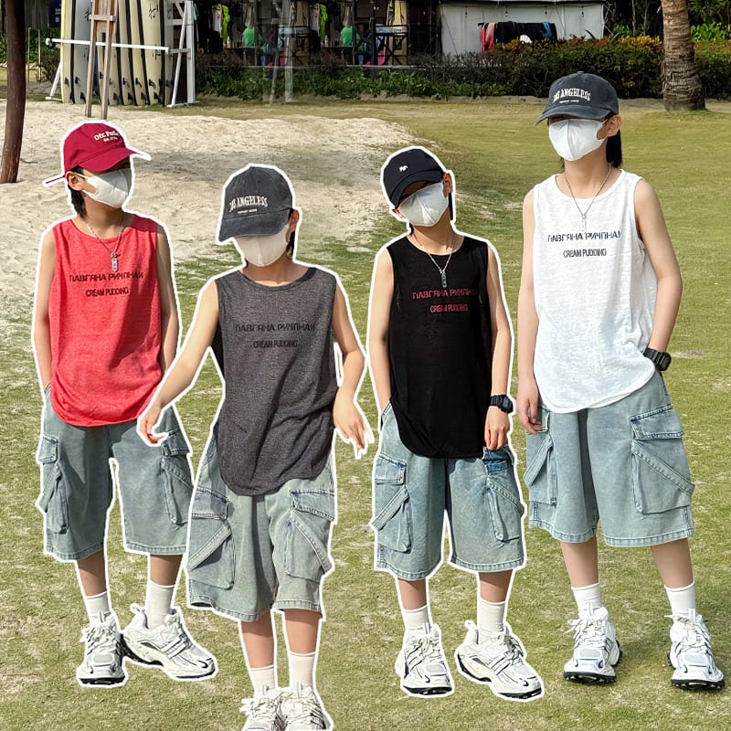 【KID】サマートラベル英字プリントノースリーブTシャツ