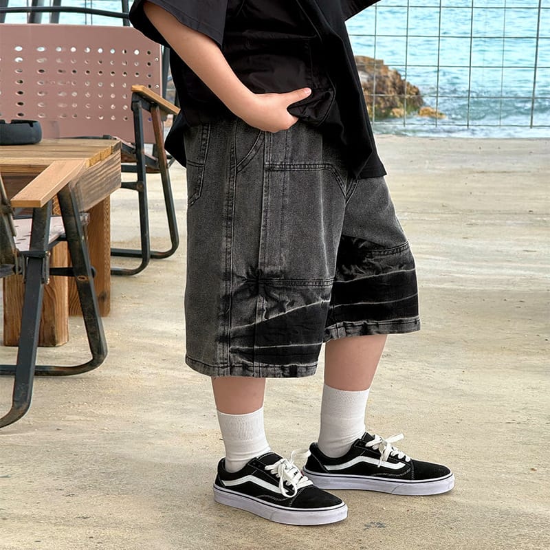 【KID】クロスインクデザインデニムハーフパンツ