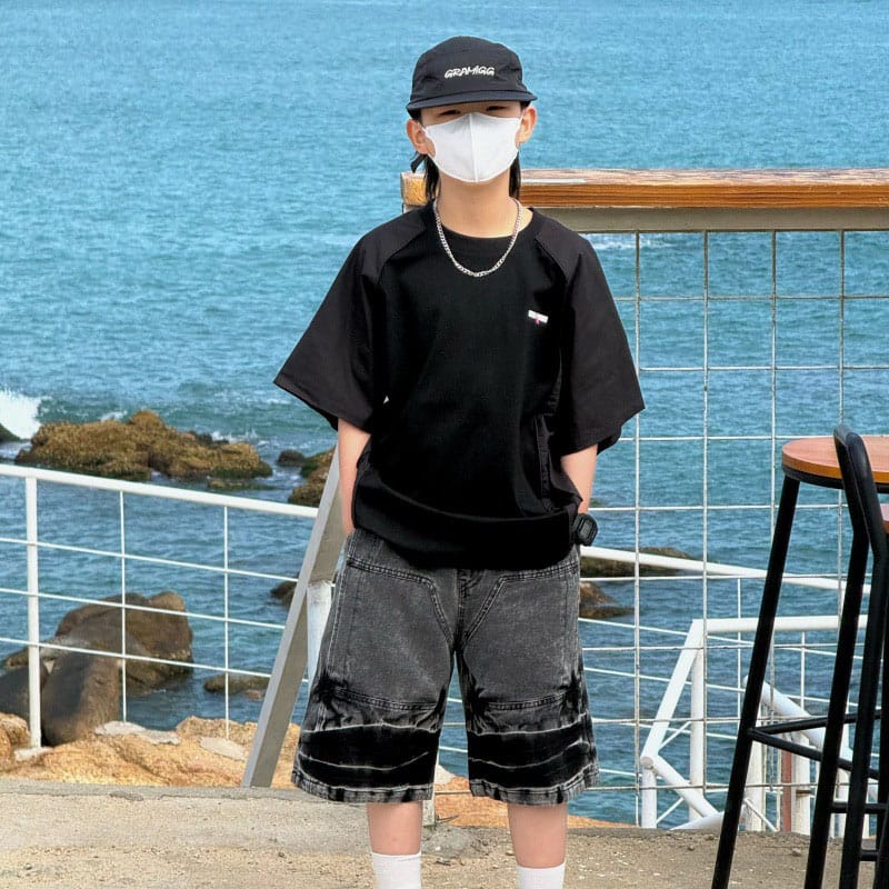 【KID】クルーネック無地ポケット付半袖Tシャツ