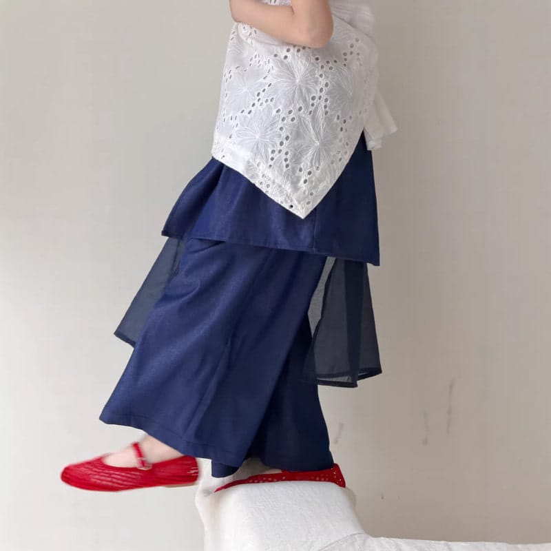 【KID】レイヤードスカート風無地ワイドロングパンツ