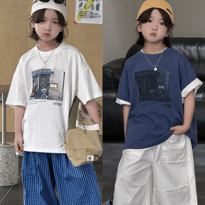 【KID】街並みカメラフォトプリント半袖Tシャツ